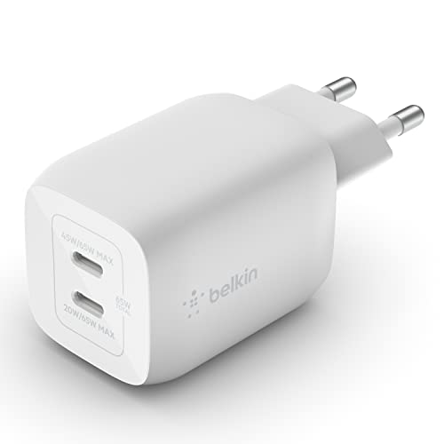 Belkin 65-W-USB-C-Ladegerät mit 2 Ports, Schnellladen mit Power Delivery 3.0 und GaN-Technologie für iPhone 14/14 Plus, 13, Pro, Pro Max, Mini, iPad Pro 12.9, 11, MacBook, Galaxy S22, Tab usw.