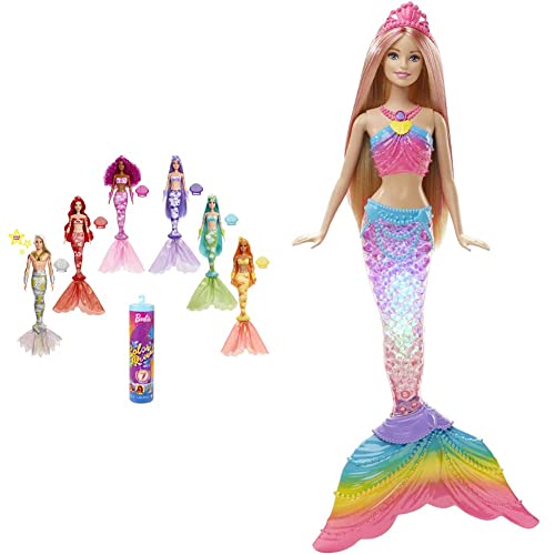 Barbie HCC46 - Color Reveal Meerjungfrauenpuppe mit 7 Überraschungen beim Auspacken: Metallic-Blau mit Regenbögen; Wasser enthüllt volles Aussehen & Farbwechsel; Geschenk für Kinder ab 3 Jahren