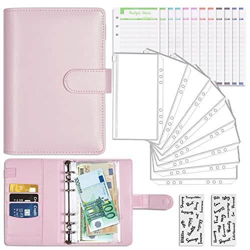 Budget Planer Cash Stuffing Geld Organizer Deutsch , A6 Ringbuch Sparbuch mit Folien Geld Sparen Mappe mit Budget Planner Zubehör für Money Organizer (Rosa)