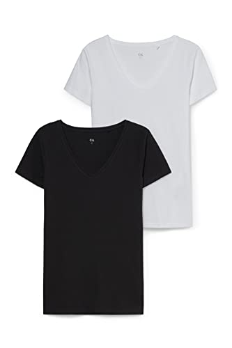 C&A Damen Unifarben T-Shirt V-Ausschnitt 2er Pack|Multipack / Größe: XS -XL