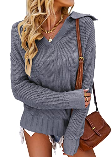 Oiumtty Damen Pullover Winter V-Ausschnitt Strickpullover Einfarbig Casual Umschlagkragen Pulli Entspannte Passform Sweatshirt, Größe S - XL