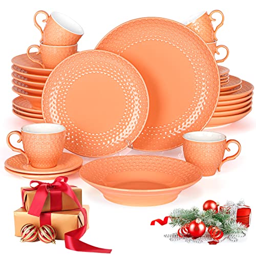 Geschirrset 6 Personen, 30-Teiliges Tafelservice, Orange porzellan geschirr teller set, SINTUNS Kombiservice mit Schneeflocken Prägung im Vintage Look, Am besten für Geschenke