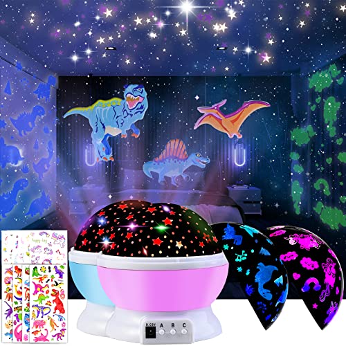 2Pcs Sternenhimmel Nachtlicht Projektor Kinder Lampe Sternenhimmel Einhorn Dinosaurier Spielzeug USB 360°Drehung 7 Farbe Flackern Schlaflicht Projektionslampe Geschenke für 4-10 Jahre Kinder