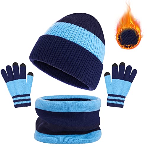 Nadeer Mütze Set Kinder Wintermütze Schal Handschuhe Set Jungen Mädchen Warme Streifen Beanie Strickmütze Loop Schal Handschuhe Winterschal für Kinder 2 bis 7 Jahren