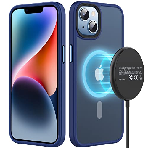 Xoxixl Magnetisch Hülle für iPhone 14 Plus, [mit 1x Magnetisches Wireless Charger] [Kompatibel mit Mag-Safe] iPhone 14 Plus Magnetic Case, Bumper Harte Rückseite Stoßfest Fallschutz Handyhülle -Blau