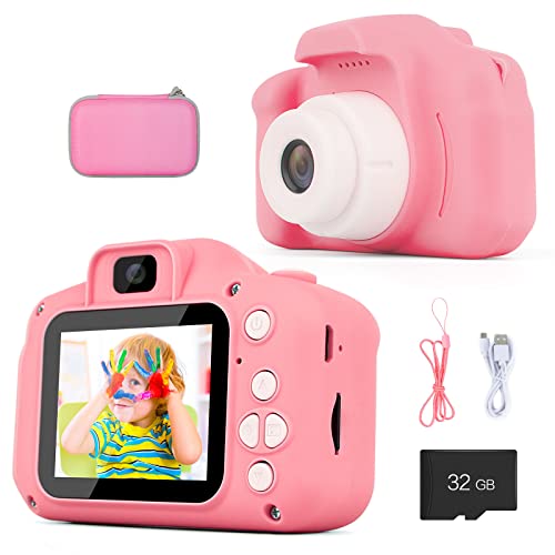 Kinderkamera Digitalkamera Kinder Kamera Spielzeug für 3-10 Jahre Mädchen Junge Geburtstag Weihnachten Geschenk 1080P HD 32GB SD-Karte Selfie Kamera Fotoapparat mit Schutzhülle (Pink)