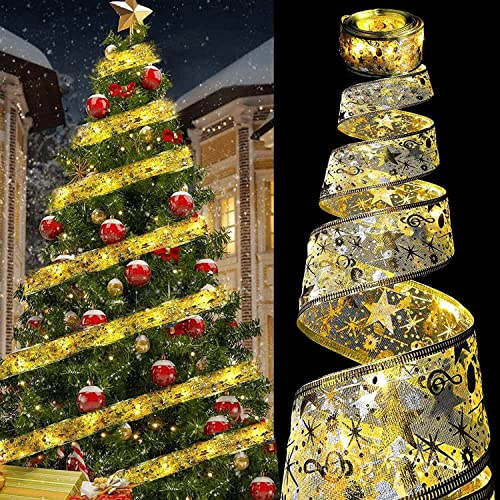 Yeeteesy Weihnachtsband Deko Lichterkette 10M 100 LED Glänzende Bänder Lichter, Spitze Band Dekor für Weihnachten Garten Urlaub Party