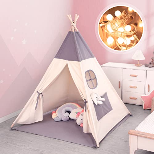 Tipi Zelt für Kinder ,Tippi Kinderzelt ,Tipi Zelt Outdoor Kinder Tipi aus Baumwolle + 6m Lichtkette+ Matte - 20 x 120 x 155 cm