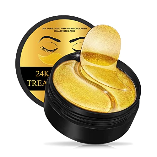 24K Gold Kollagen Augenmaske, Augenpads gegen augenringe, hyaluronsäure & collagen für Tränensäcke & Fältchen Augenringe Entfernen Feuchtigkeitsspendend Anti-Falten Anti-age Eye Maske, 60 Sheets