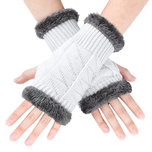 BLURBE Fingerlose Handschuhe Damen - Klassisch Strick Handschuhe mit Fleece Futter,Winter Warme Halb Handschuhe