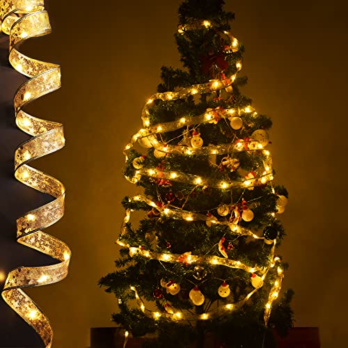 DEDC Weihnachten Lichterkette Bänder 2M 20 LED, Weihnachtsbaum Bänder Lichterkette für Weihnachtsbaum Zimmer Deko Weihnachten Party Garten Schlafzimmer Strom (Seide mit LED 2m)