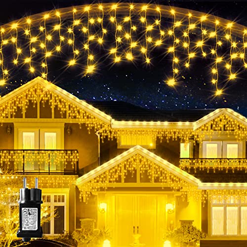 Eisregen Lichterkette Lichtervorhang Eiszapfen Außen Innen Deko Strombetrieben 360 LED Weihnachtsbeleuchtung mit Stecker Wasserdicht 8 Modi für Balkon Dachrinne Fenster Haus Geländer (Warmweiß)
