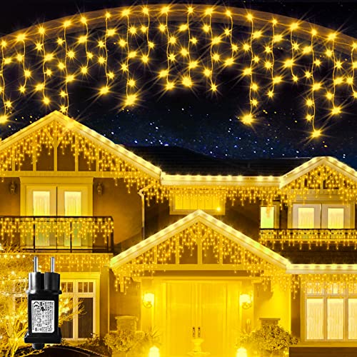 Eisregen Lichterkette Lichtervorhang Eiszapfen Außen Innen Deko Strombetrieben 240 / 360 / 480 / 720 LED Weihnachtsbeleuchtung mit Stecker Wasserdicht 8 Modi für Balkon Dachrinne Fenster Haus Geländer (Kaltweiß)