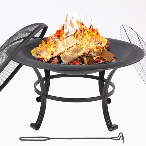 Feuerschale, Feuerschalen für den Garten, Feuerschale mit Funkenschutz, Heizung im Winter, Ø76cm Feuerkorb, Feuerstelle mit grillrost, Schwarz, Groß