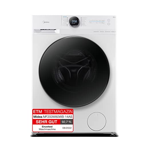 Midea MF200W80WB-14AS Waschmaschine / 8KG / nur 48 cm tief/Energieeffizienzklasse A/Steam Care/Nachlegefunktion / 1400 U/min/Turbo Wash/APP-Steuerung, AquaStop, Weiß [Energieklasse A]