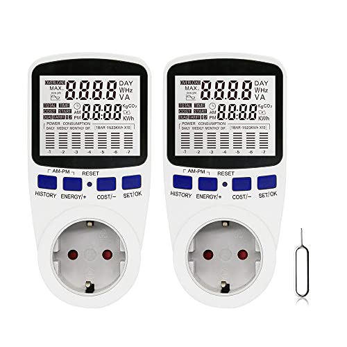 Swetup Energiekostenmessgerät mit Dual Rate, 2 Stück Stromverbrauchsmessgerät, Stromverbrauchsmesser mit 2 Abrechnungsmethoden, Elektrizitäts Analysator mit Überlastsicherung, Max 3680W/16A
