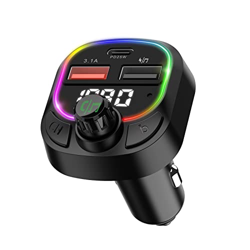 ORIA Bluetooth 5.0 FM Transmitter, Drahtloses Autoradio Adapter, PD 25W & Dual USB-Anschluss Autoladegerät, LED Bunte Stimmungslichter, Siri/Google Assistant, Unterstützt BT/U-Disk Wiedergabe