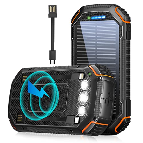 Solar Wireless Powerbank 26800mAh, 15W 3.0A USB C Output & Input Power Bank, Eingebaute 3 Kabel, 3 Inputs & 4 Outputs Externer Akku mit Taschenlampe, Kompatibel mit iPhone 14 13 12 11 Samsung Huawei