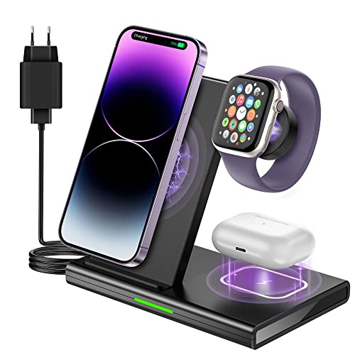 Wireless Charger 3 in 1, NEEKFOX 15W Kabelloses Ladegerät Induktive Ladestation für Apple Watch 8/7/6/SE, AirPods 3/2/pro, Drahtloses Ladegerät für iPhone 14/13/12 Pro Max/X/Xs, Samsung, Huawei