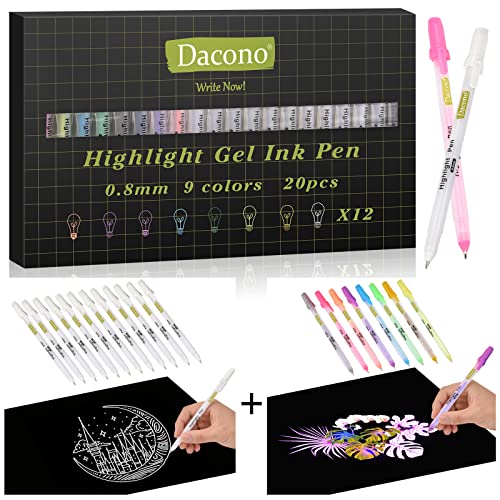 Dacono Highlight Gel-Tintenstift, 20PC farbigen Highlight Gel-Stift 9 Farbe Set, 0,8 mm feine Stifte Gel-Tintenstifte für schwarzes Papier Zeichnung, Skizzieren, Ausmalen für Erwachsene
