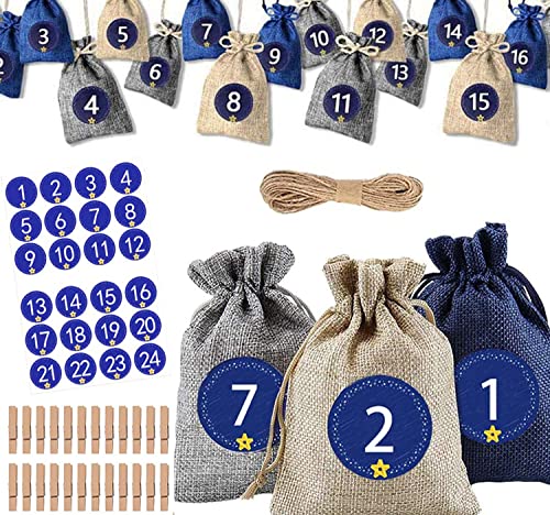 SIMOORE Adventskalender 2022 zum Befüllen kinder, 24 Stück Weihnachtskalender Füllung Frauen mit 1-24 Stücke Aufkleber DIY Weihnachten Geschenksäckchen Stoff - Grau/Beige/Blau