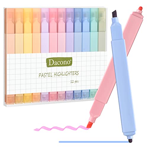 12PC Dacono Dual Tips Textmarker, Ästhetische Bibel Textmarker Assorted Farben Pastell Set, keine Bleed Square Textmarker