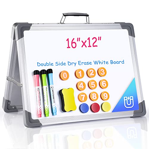 Whiteboard Dry Erase Board - 40 x 30 cm Doppelseitiges Whiteboard für Kinder mit magnetischem Zubehör, 3 Markern, 1 Trockenlöscher, 3 Magneten, 10 Zahlenmagneten für Büro, Schule und Zuhause