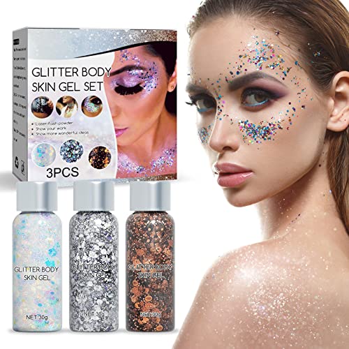 Glitzer Gesicht, Body Glitter Gel- Festival Body Glitter Powder Gel, Glitzersteine Gesicht Liquid Lidschatten Body Lotion Glitzer Flüssiger Gesicht Haare Lippen Nagel (3 Farben)