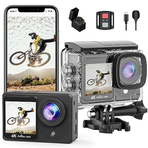 4K Action Cam Touchscreen - Dual Screen 40M Unterwasserkamera 170°Weitwinkel Helmkamera 20MP Wasserdicht Videokamera mit Ladegerät, Fernbedienung, 2 Akkus und Zubehör Kit