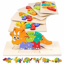 6 Stück Dinosaurier Holzpuzzle für Kinder ad 1 2 Jahr: Montessori Spielzeug ad 2 3 Jahre mit Kordelzugbeutel, lernendes pädagogisches Baby Puzzle, Geschenk für 1 2 jährige Jungen Mädchen